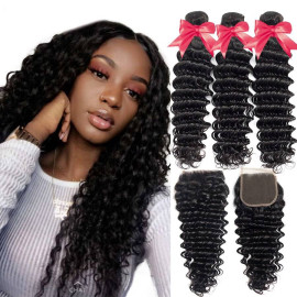 GrandeBeaute Beautiful Hair Deep Wave Bundles With Closure Double Weft Human Hair Brazilian Hair Weave 3 Bundles With Closure Remy