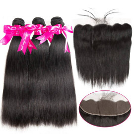 GrandeBeaute Beautiful Peruvian Straight Hair 13x4 Lace Frontal Closure With Bundles Remy Human hair 3 Bundles With Frontal Closure