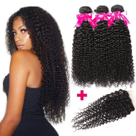 GrandeBeaute Beautiful Hair Kinky Curly Bundles With Closure Double Weft Remy Human Hair 3 Bundles With Closure Brazilian Hair Weave