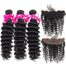 GrandeBeaute Beautiful Curly Weave Human Hair Bundles With Frontal Remy Brazilian Hair Lace Frontal Closure With Bundles
