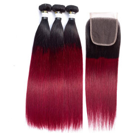 GrandeBeaute Beautiful Hair 1B/99j Ombre Brazilian Straight Hair 3 Bundles With Closure Non-Remy Human Hair Bundles With Closure