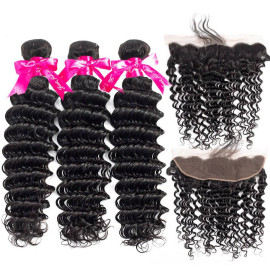 GrandeBeaute Beautiful Hair Deep Wave Bundles With Frontal Malaysian Human Hair Bundles With Lace Frontal Closure 3PCS Remy Hair