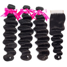 GrandeBeaute Brazilian Loose Deep Wave 3 Bundles With Closure Double Weft Remy Human Hair Bundles With Lace Closure Hair Weave