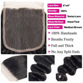 GrandeBeaute Brazilian Loose Deep Wave 3 Bundles With Closure Double Weft Remy Human Hair Bundles With Lace Closure Hair Weave