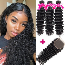 GrandeBeaute Beautiful Hair Brazilian Deep Wave Bundles With Closure Double Weft Remy Human Hair Weave 3 Bundles With Lace Closure