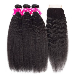 GrandeBeaute Beautiful Hair Kinky Straight Peruvian Hair Bundles With Lace Closure Human Hair 3 Bundles With Closure