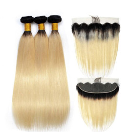 GrandeBeaute Beautiful Hair 1b/613 Bundles With Frontal Pre Plucked Frontal Closure With Bundles Brazilian Straight Hair Remy Hair