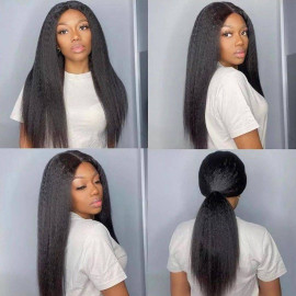 GrandeBeaute Hair Kinky Straight Wig Pre-Plucked Lace Front Human Hair Wigs Full End Brazilian Lace Wig Yaki Human Hair Wig