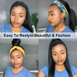GrandeBeaute HeadBand Wig Human Hair Brazilian Straight Easy Perfect Fit Human Hair Scarf Wigs No plucking No Glue Human Hair Wigs