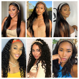 GrandeBeaute HeadBand Wig Human Hair Brazilian Straight Easy Perfect Fit Human Hair Scarf Wigs No plucking No Glue Human Hair Wigs