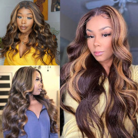 GrandeBeaute Highlight Wig Lace Front Human Hair Wigs 13x4 Honey Blonde Pre Plucked Peruvian Body Wave HD Lace Frontal Wig For Women