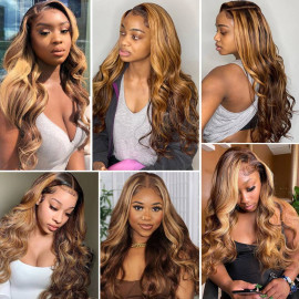GrandeBeaute Highlight Wig Lace Front Human Hair Wigs 13x4 Honey Blonde Pre Plucked Peruvian Body Wave HD Lace Frontal Wig For Women