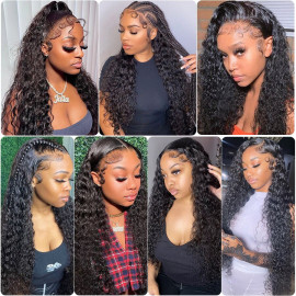 GrandeBeaute HD Transparent Brazilian Water Wave Wig 13x4 Lace Front Human Hair Wigs 4x4 Lace Closure Wig PrePlucked With Baby Hair
