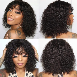 GrandeBeaute Glueless Lace Vortex Wigs Brazilian Human Hair Wigs with Bangs 150% Density Water Wave Human Hair Wigs For Women Remy