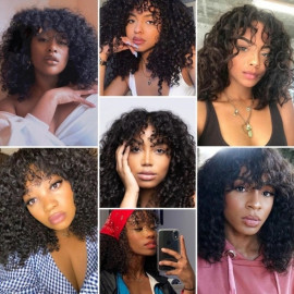 GrandeBeaute Glueless Lace Vortex Wigs Brazilian Human Hair Wigs with Bangs 150% Density Water Wave Human Hair Wigs For Women Remy