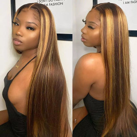 GrandeBeaute Highlight Lace Front Human Hair Wig 4x4 Lace Closure Wigs Pre Plucked Brazilian Straight Lace Front Human Hair Wigs
