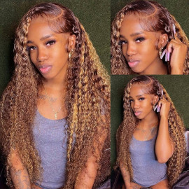 GrandeBeaute Transparent Lace Highlight Colored Wig Brazilian Human Hair Wigs Pre Plucked Deep Wave Lace Front Wig For Black Women