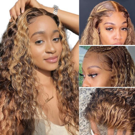GrandeBeaute Transparent Lace Highlight Colored Wig Brazilian Human Hair Wigs Pre Plucked Deep Wave Lace Front Wig For Black Women