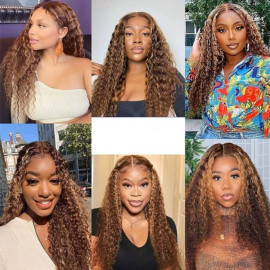 GrandeBeaute Transparent Lace Highlight Colored Wig Brazilian Human Hair Wigs Pre Plucked Deep Wave Lace Front Wig For Black Women