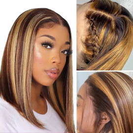 GrandeBeaute Ombre Highlight 13x4 Lace Front Human Hair Wigs Brazilian Straight Short Bob Lace Frontal Wigs Remy Hair For Black Women
