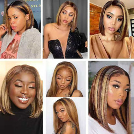 GrandeBeaute Ombre Highlight 13x4 Lace Front Human Hair Wigs Brazilian Straight Short Bob Lace Frontal Wigs Remy Hair For Black Women