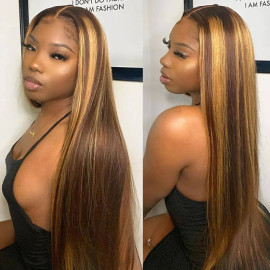 GrandeBeaute HD Lace Highlight Wig Brown Colored Human Hair Wigs Ombre Straight Lace Front Wig Highlight Lace Front Human Hair Wigs