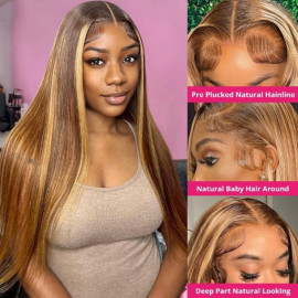 GrandeBeaute HD Lace Highlight Wig Brown Colored Human Hair Wigs Ombre Straight Lace Front Wig Highlight Lace Front Human Hair Wigs