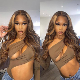 GrandeBeaute Highlight Wig Brazilian Body Wave Lace Front Human Hair Wigs 13x4 Frontal Wig Brown Colored HD Transparent Lace Human Hair Wigs