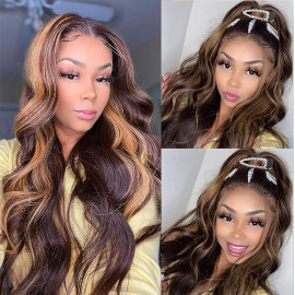 GrandeBeaute Highlight Wig Brazilian Body Wave Lace Front Human Hair Wigs 13x4 Frontal Wig Brown Colored HD Transparent Lace Human Hair Wigs