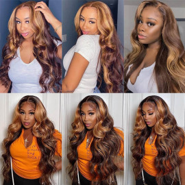 GrandeBeaute Highlight Wig Brazilian Body Wave Lace Front Human Hair Wigs 13x4 Frontal Wig Brown Colored HD Transparent Lace Human Hair Wigs