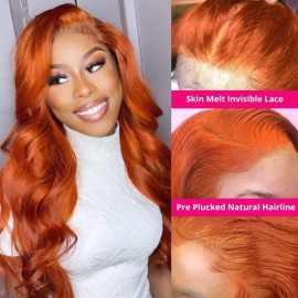 GrandeBeaute Orange Ginger Color 13x4 Lace Front Wigs Pre Plucked Brazilian Body Wave Human Hair Wig 180% Density Hair Lace Wig