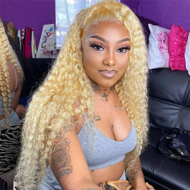 GrandeBeaute 613 Blonde Brazilian Deep Wave Frontal Human Hair Wigs Pre Plucked 13x4 Lace Front Wig HD Transparent Lace Front Wig