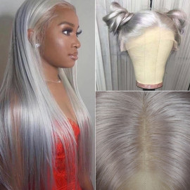 GrandeBeaute Hair 13x4 Straight Lace Front Wig Grey Colored Human Hair Wigs For Women Brazilian HD Transparent Lace Frontal Wig