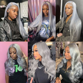 GrandeBeaute Hair 13x4 Straight Lace Front Wig Grey Colored Human Hair Wigs For Women Brazilian HD Transparent Lace Frontal Wig